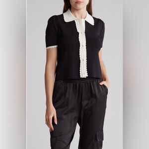 Laundry by Shelli Segal Knit Top Size L Black Trim Button Front Short Sleeve